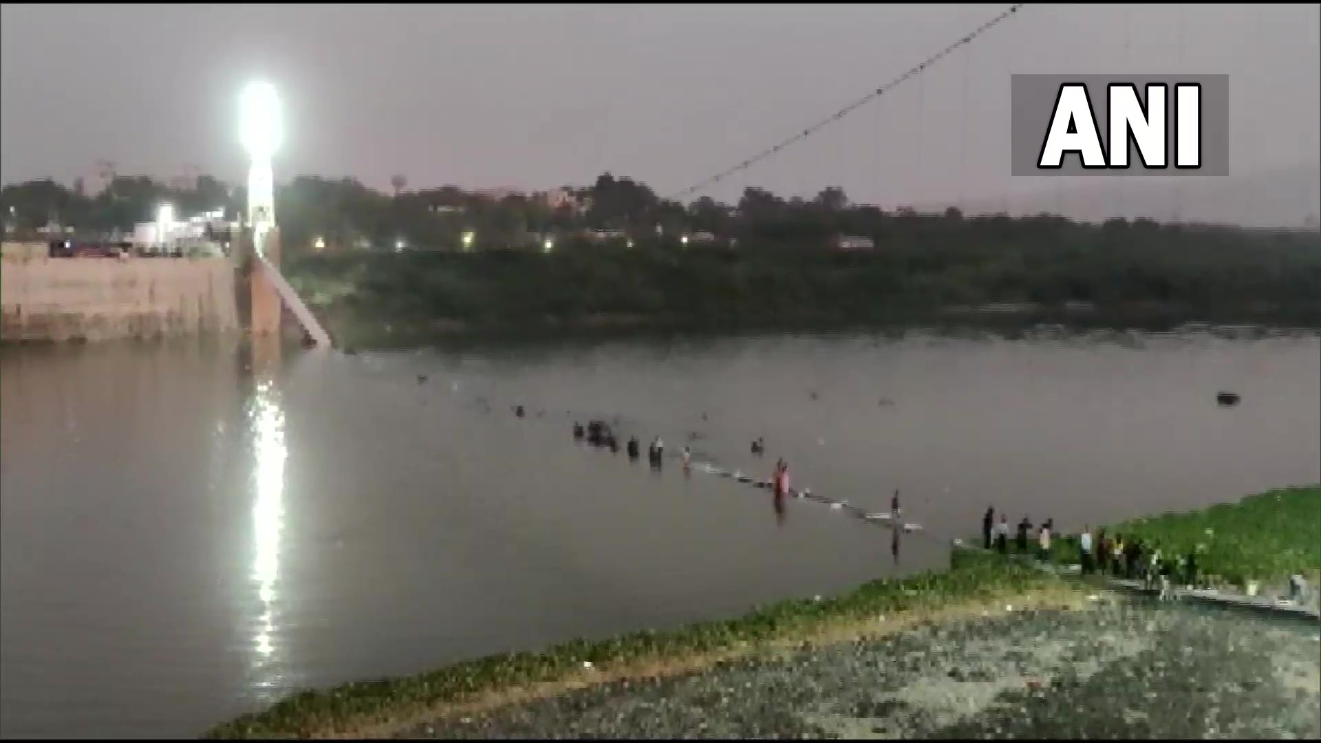 A bridge collapses in Machchhu river on Sunday. (ANI Twitter) A bridge collapses in Machchhu river on Sunday. (ANI Twitter)