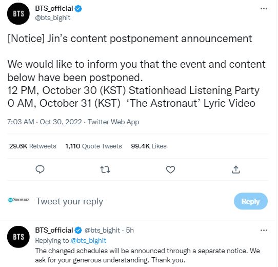 The official Twitter account of BTS shared the update in both English and Korean.