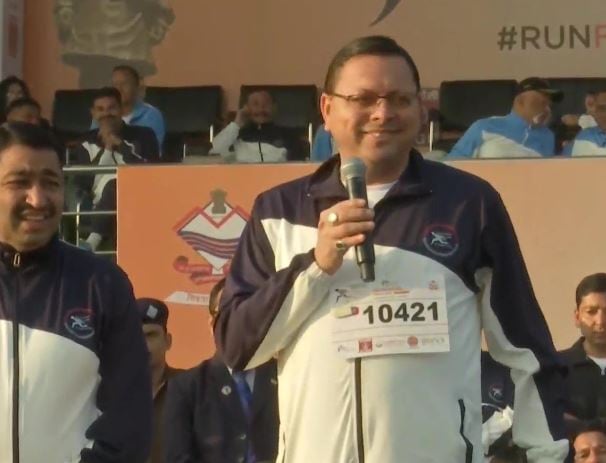 Uttarakhand CM Pushkar Singh Dhami participates in Dehradun Marathon 2022. (ANI Photo)