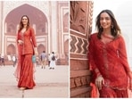 Former Miss World and actor Manushi Chhillar woke up on gloomy morning to explore the historical city of Delhi in a stunning red sharara set.(Instagram/@manushi_chhillar)