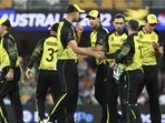 Australia react after defeating Ireland by 42 runs during the T20 World Cup cricket match in Brisbane Australia, Monday, Oct. 31, 2022. 