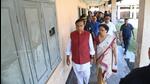 Assam chief minister Himanta Biswa Sarma (left) at the Gopal Boro Government Higher Secondary School in Guwahati on Sunday. (Twitter Photo) Assam chief minister Himanta Biswa Sarma (left) at the Gopal Boro Government Higher Secondary School in Guwahati on Sunday. (Twitter Photo)