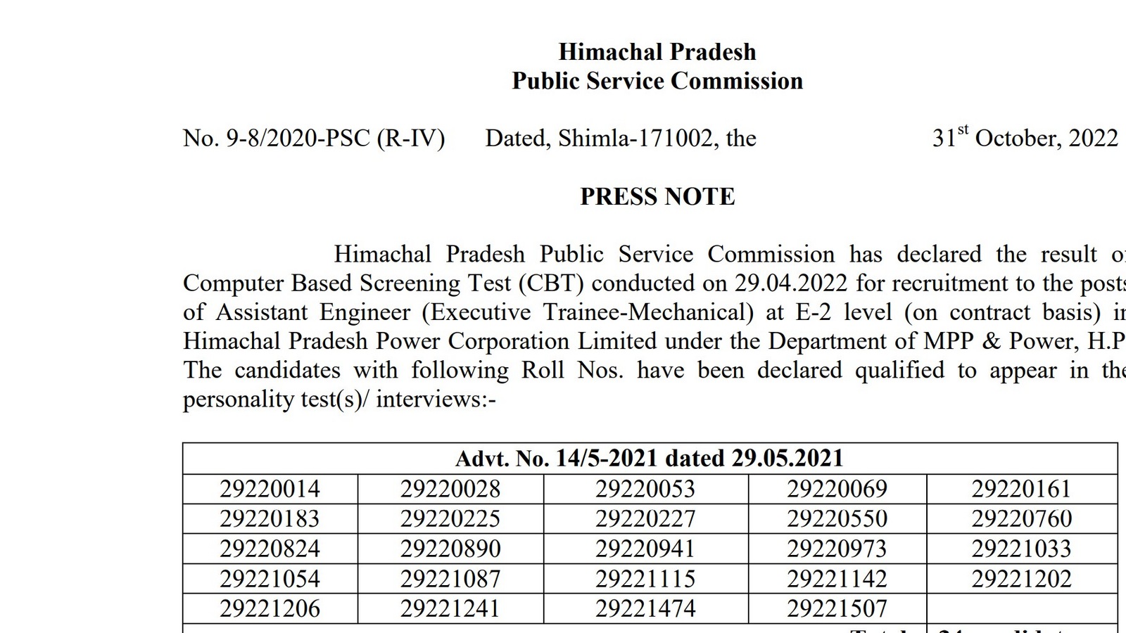 HPPSC Assistant Engineer CBT result 2022 declared at hppsc.hp.gov.ins