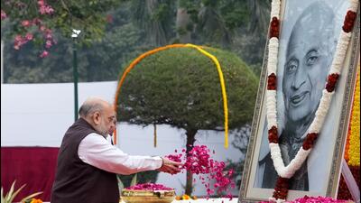 Union home minister Amit Shah pays homage to Sardar Vallabhbhai Patel on his birth anniversary at Patel Chowk in New Delhi on Monday. (PTI Photo)
