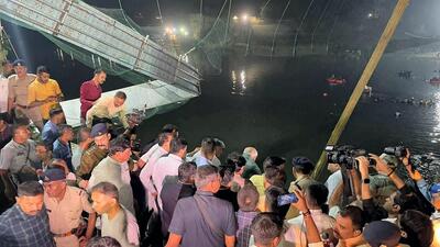 Gujarat chief minister Bhupendra Patel takes stock of the situation after an old suspension bridge over the Machchhu river collapsed in Morbi district on Sunday night. (PTI Photo) Gujarat chief minister Bhupendra Patel takes stock of the situation after an old suspension bridge over the Machchhu river collapsed in Morbi district on Sunday night. (PTI Photo)