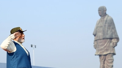 Prime Minister Narendra Modi on Monday paid floral tributes to Sardar Vallabhbhai Patel at the Statue of Unity at Kevadia in Gujarat to mark Patel's 147th birth anniversary. (ANI/PIB) Prime Minister Narendra Modi on Monday paid floral tributes to Sardar Vallabhbhai Patel at the Statue of Unity at Kevadia in Gujarat to mark Patel's 147th birth anniversary. (ANI/PIB)
