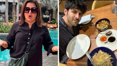 Kartik Aaryan enjoys his so called diet food, Farah Khan reacts. Kartik Aaryan enjoys his so called diet food, Farah Khan reacts.