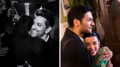 Hrithik Roshan and Saba Azad hug Ali Fazal at his wedding reception. Hrithik Roshan and Saba Azad hug Ali Fazal at his wedding reception.