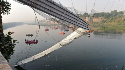 A First Information Report (FIR) has been filed by the Gujarat Police in the bridge collapse incident against private agencies for attempt to commit culpable homicide and culpable homicide not amounting to murder. (AFP) A First Information Report (FIR) has been filed by the Gujarat Police in the bridge collapse incident against private agencies for attempt to commit culpable homicide and culpable homicide not amounting to murder. (AFP)