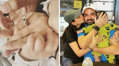 Kajal Aggarwal with Gautam Kitchlu and baby boy Neil. Kajal Aggarwal with Gautam Kitchlu and baby boy Neil.