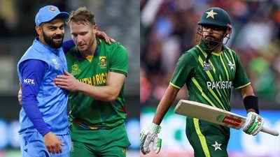 Virat Kohli with David Miller after India vs South Africa T20 World Cup match; Pakistan captain Babar Azam Virat Kohli with David Miller after India vs South Africa T20 World Cup match; Pakistan captain Babar Azam