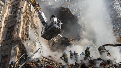 Russia-Ukraine War: Firefighters work after a drone attack on buildings in Kyiv, Ukraine. (AP File) Russia-Ukraine War: Firefighters work after a drone attack on buildings in Kyiv, Ukraine. (AP File)