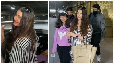 Aishwarya Rai, Abhishek Bachchan and Aaradhya at Mumbai airport. (Varinder Chawla) Aishwarya Rai, Abhishek Bachchan and Aaradhya at Mumbai airport. (Varinder Chawla)