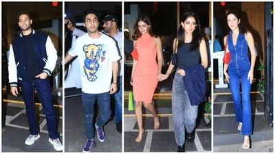 Siddhant Chaturvedi, Aryan Khan, Navya Naveli Nanda and Shanaya Kapoor at Ananya Panday's birthday dinner on Sunday. (Varinder Chawla) Siddhant Chaturvedi, Aryan Khan, Navya Naveli Nanda and Shanaya Kapoor at Ananya Panday's birthday dinner on Sunday. (Varinder Chawla)