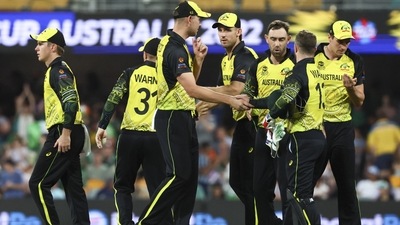 Australia react after defeating Ireland by 42 runs during the T20 World Cup cricket match in Brisbane Australia, Monday, Oct. 31, 2022. (AP) Australia react after defeating Ireland by 42 runs during the T20 World Cup cricket match in Brisbane Australia, Monday, Oct. 31, 2022. (AP)