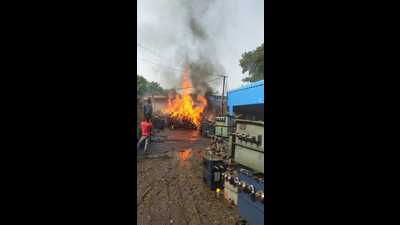Fire broke out at a power substation in Naini area of the district on Monday. (HT Photo)