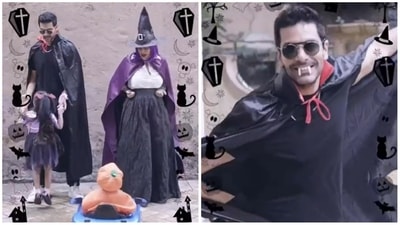 Neha Dhupia and Angad Bedi celebrated Halloween with their kids. Neha dressed up as a witch, Angad turned Dracula with fake teeth while their daughter Mehr dressed up as a spider and son Guriq wore a pumpkin costume. (Varinder Chawla) 