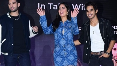 Siddhant Chaturvedi, Katrina Kaif and Ishaan Khatter at Phone Bhoot event. Siddhant Chaturvedi, Katrina Kaif and Ishaan Khatter at Phone Bhoot event.