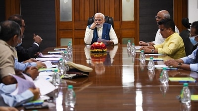 Prime Minister Narendra Modi at a high level meeting to review the situation in Morbi, at Raj Bhavan, Gandhinagar. (ANI)