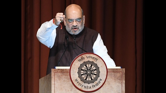 Union home minister Amit Shah addresses during Sardar Vallabhbhai Patel Jayanti celebrations at Sardar Patel Vidyalaya, in New Delhi on Monday. (ANI)