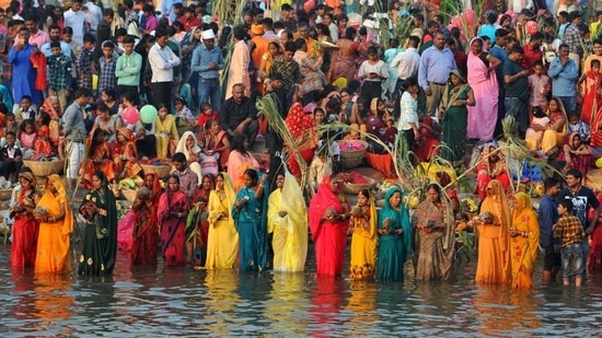 "For the last three years, we have been performing the rituals in a small makeshift pond on rooftop due to increasing pollution level in ponds of Ranchi," said another devotee.(HT Photo/Ravi Kumar)