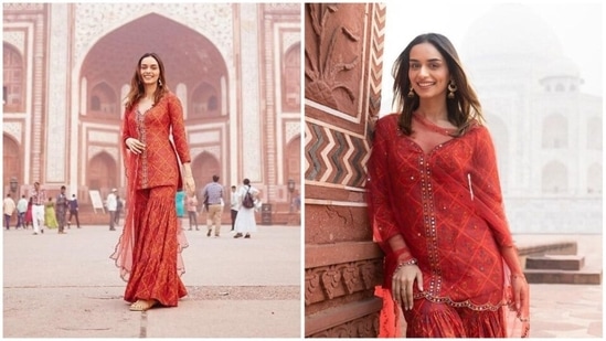 Former Miss World and actor Manushi Chhillar woke up on gloomy morning to explore the historical city of Delhi in a stunning red sharara set.(Instagram/@manushi_chhillar)