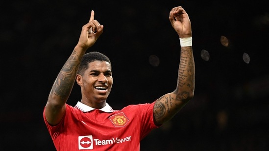 Marcus Rashford indicates it's his 100th Manchester United (AFP)