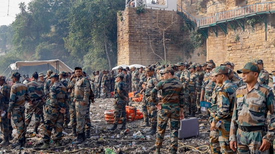 Morbi: Armed Forces personnel deployed at the site during a rescue operation after the collapse of a suspension bridge over the Machchhu river, in Morbi district, Monday, Oct. 31, 2022. (PTI Photo)(PTI10_31_2022_000062B)(PTI)