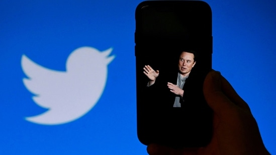 A phone screen displays a photo of Elon Musk with the Twitter logo.(AFP)