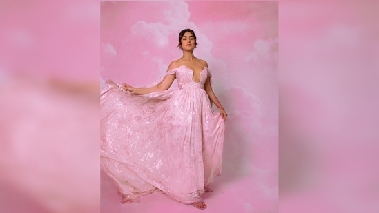 Mrunal Thakur looks like a princess straight out of a fairytale in this stunning pink gown by international designer Tarn Hung.(Instagram/@mrunalthakur)
