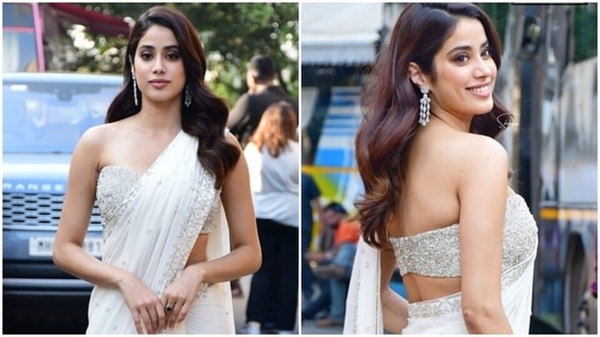 Janhvi Kapoor promotes Mili in an ivory saree and a strapless blouse. 