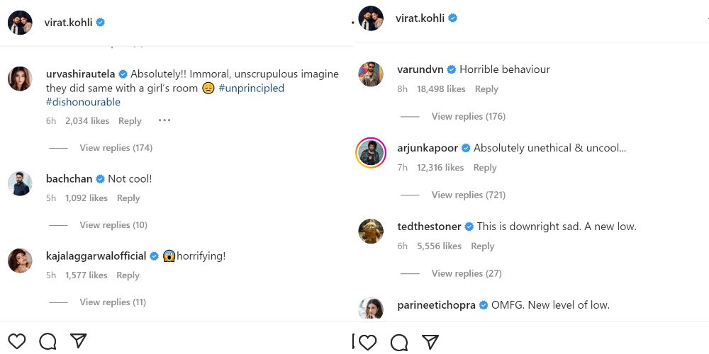 Celebrity comments on Virat Kohli's post.