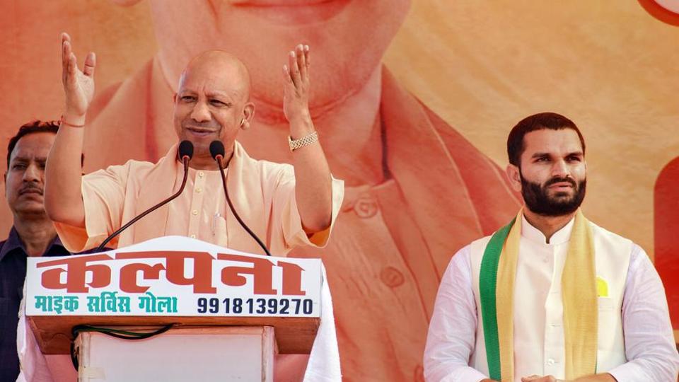 File photo of Uttar Pradesh chief minister Yogi Adityanath campaigning for the Gola Gokarannath assembly by-poll in Lakhimpur Kheri district. (PTI)