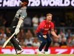 Ben Stokes celebrates the wicket of Kane Williamson during the T20 World Cup 2022 match between England and New Zealand at The Gabba(AFP)