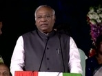 Congress president Mallikarjun Kharge speaks at an event in Hyderabad on Tuesday. (ANI)