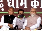 Prime Minister Narendra Modi with Rajasthan Chief Minister Ashok Gehlot and Gujarat Chief Minister Bhupendra Patel during the 'Mangarh Dham Ki Gaurav Gatha' programme, in Banswara, Tuesday, Nov. 1, 2022.(PTI) Prime Minister Narendra Modi with Rajasthan Chief Minister Ashok Gehlot and Gujarat Chief Minister Bhupendra Patel during the 'Mangarh Dham Ki Gaurav Gatha' programme, in Banswara, Tuesday, Nov. 1, 2022.(PTI)