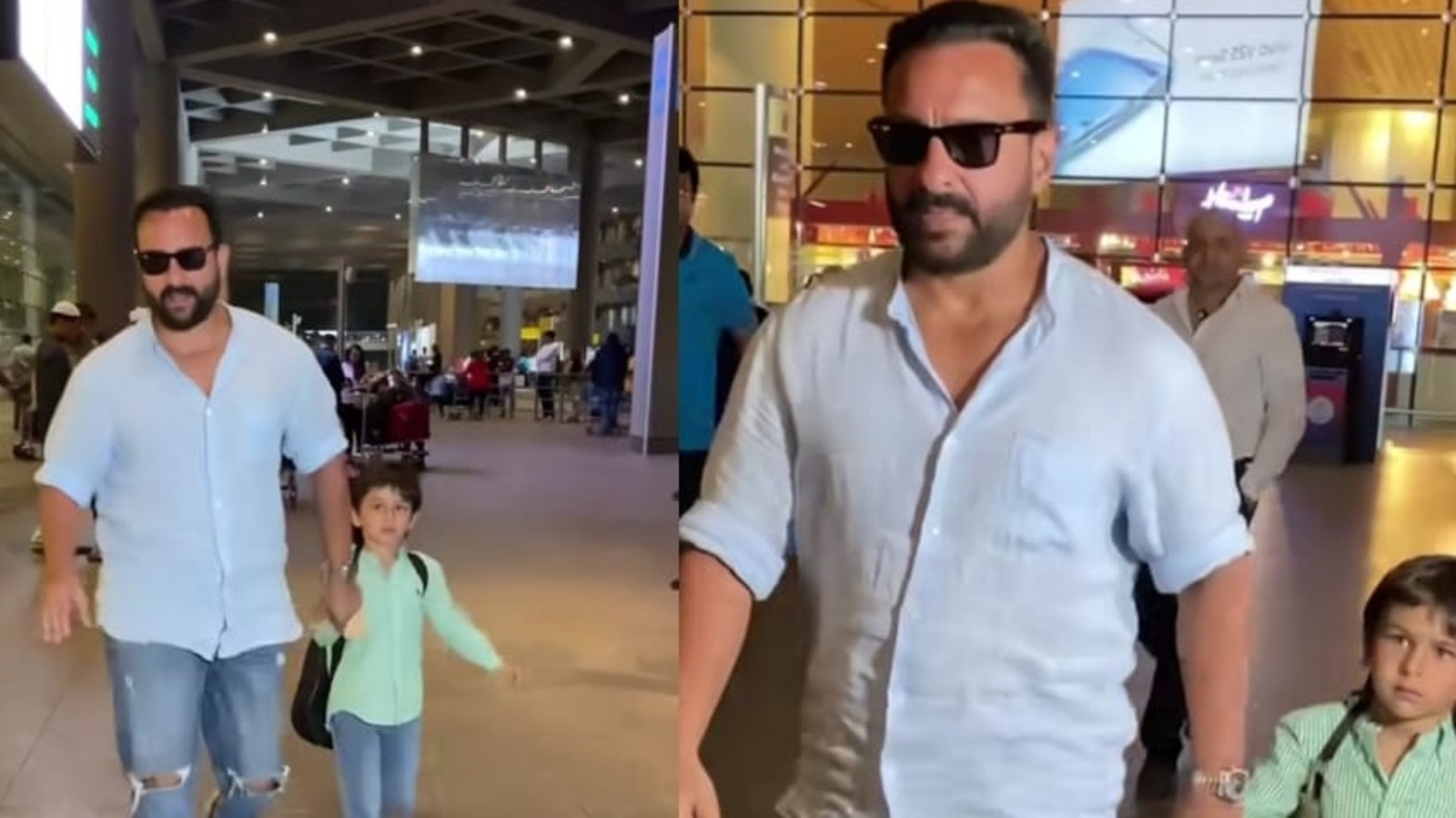 Saif Ali Khan holds Taimur Ali Khan’s hand at airport as they return from father-son vacation in Maldives. Watch