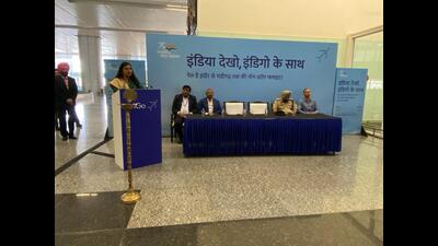 Anmol Gagan Mann, minister of tourism and culture affairs, Punjab, speaking during the inauguration of the new Chandigarh-Indore flight at Shaheed Bhagat Singh International Airport on Tuesday. (HT Photo)