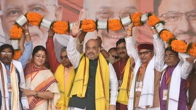 Union home minister Amit Shah (centre) with state BJP leaders at a mass rally in support of Citizenship Amendment Act in Kolkata, West Bengal. (Samir Jana/ HT File Photo) Union home minister Amit Shah (centre) with state BJP leaders at a mass rally in support of Citizenship Amendment Act in Kolkata, West Bengal. (Samir Jana/ HT File Photo)