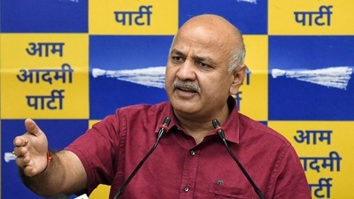 Delhi deputy chief minister Manish Sisodia addresses a press conference over Morbi cable bridge collapse incident, at Aam Aadmi Party (AAP) headquarters, in New Delhi on Tuesday. (ANI Photo)