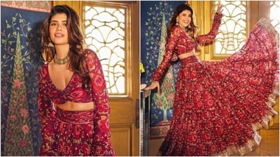 Sanjana Sanghi’s red floral lehenga is all about bridesmaid fashion goals (Instagram/@sanjanasanghi96) Sanjana Sanghi’s red floral lehenga is all about bridesmaid fashion goals (Instagram/@sanjanasanghi96)