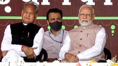 Prime Minister Narendra Modi with Rajasthan Chief Minister Ashok Gehlot and Gujarat Chief Minister Bhupendra Patel during the 'Mangarh Dham Ki Gaurav Gatha' programme, in Banswara, Tuesday, Nov. 1, 2022. (PTI) Prime Minister Narendra Modi with Rajasthan Chief Minister Ashok Gehlot and Gujarat Chief Minister Bhupendra Patel during the 'Mangarh Dham Ki Gaurav Gatha' programme, in Banswara, Tuesday, Nov. 1, 2022. (PTI)