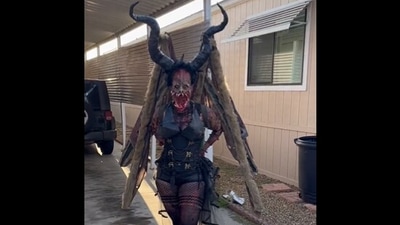 The image, taken from the Twitter video, shows the woman in her Halloween getup. (Screengrab)