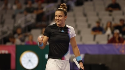 Maria Sakkari, of Greece, reacts during her match against Jessica Pegula in the WTA Finals tennis tournament (AP) Maria Sakkari, of Greece, reacts during her match against Jessica Pegula in the WTA Finals tennis tournament (AP)