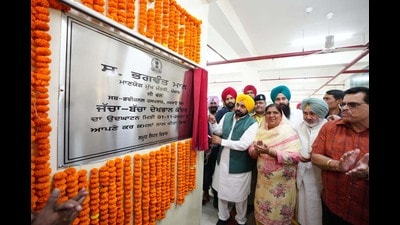 Punjab Chief Minister Bhagwant Mann inaugurating newly built mother and child care hospital in Civil Hospital in district Jagraon on Tuesday. (Photo Hindustan Times)