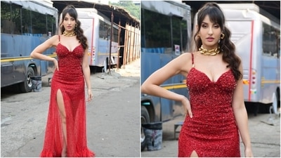 Nora Fatehi lits up Jhalak Dikhhla Jaa set in a red sequined gown (HT Photos/Varinder Chawla) Nora Fatehi lits up Jhalak Dikhhla Jaa set in a red sequined gown (HT Photos/Varinder Chawla)