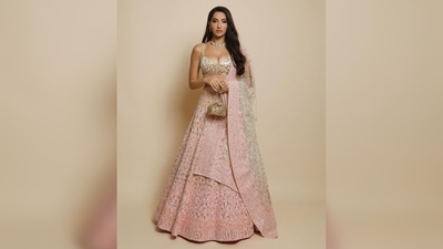 Nora Fatehi's blush pink lehenga features chikankari embroidery work with gold sequin sparkle flakes. (Instagram/@manishmalhotra05) Nora Fatehi's blush pink lehenga features chikankari embroidery work with gold sequin sparkle flakes. (Instagram/@manishmalhotra05)