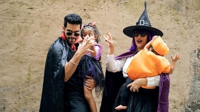 Neha Dhupia wore a costume of a witch while Angad Bedi disguised himself as a vampire. (Instagram/@nehadhupia) Neha Dhupia wore a costume of a witch while Angad Bedi disguised himself as a vampire. (Instagram/@nehadhupia)