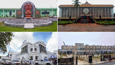 In this combo image, the State Legislative Assemblies of Chhattisgarh in Raipur and Kerala in Thiruvananthapuram (left to right in the second row), Tamil Nadu in Chennai and Andhra Pradesh in Amaravati (left to right in the third row). November 1 is celebrated as the formation day of several states including these. (PTI) In this combo image, the State Legislative Assemblies of Chhattisgarh in Raipur and Kerala in Thiruvananthapuram (left to right in the second row), Tamil Nadu in Chennai and Andhra Pradesh in Amaravati (left to right in the third row). November 1 is celebrated as the formation day of several states including these. (PTI)
