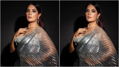 Richa opted for a minimal makeup look to complement her attire. In silver eyeshadow, black eyeliner, black kohl, mascara-laden eyelashes, drawn eyebrows, contoured cheeks and a shade of nude lipstick, she rounded off her look for the day. (Instagram/@therichachadha) Richa opted for a minimal makeup look to complement her attire. In silver eyeshadow, black eyeliner, black kohl, mascara-laden eyelashes, drawn eyebrows, contoured cheeks and a shade of nude lipstick, she rounded off her look for the day. (Instagram/@therichachadha)